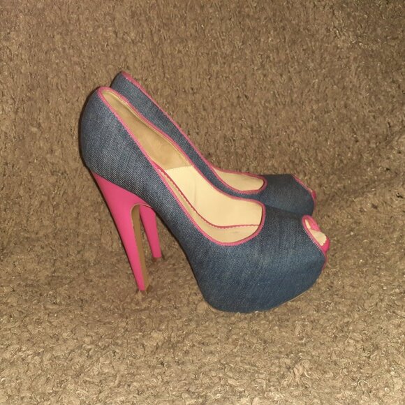 TACCETTI-Denim & Pink Patent-Peep Toe-Stiletto/Slim-Platform-Sz 37.5-Excellent - Picture 5 of 8